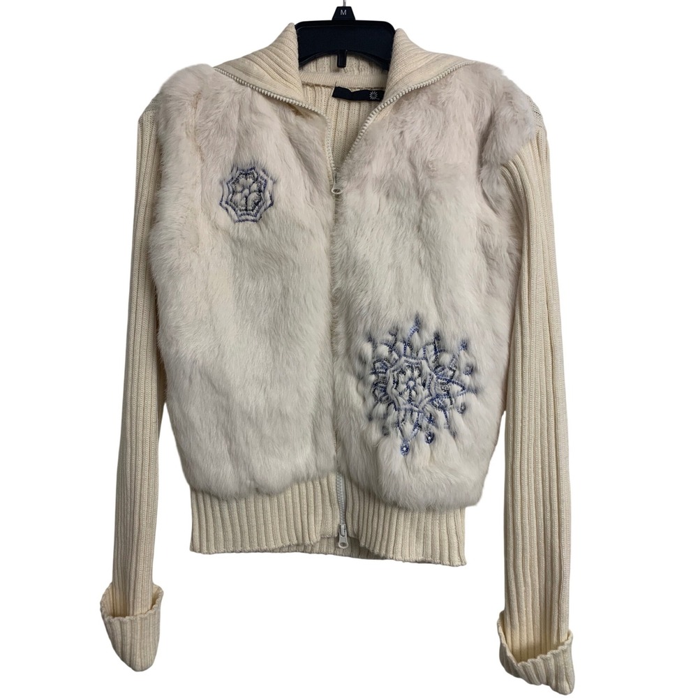 Vintage Real Rabbit Fur Aztec Embroidered Zip Up Wool Ribbed‎ Cardigan XL